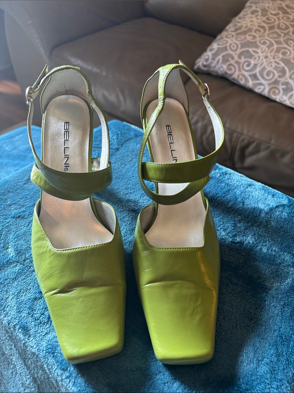 Bellini Women's Bright Lime Green Square-Toe Double-Strap Heels